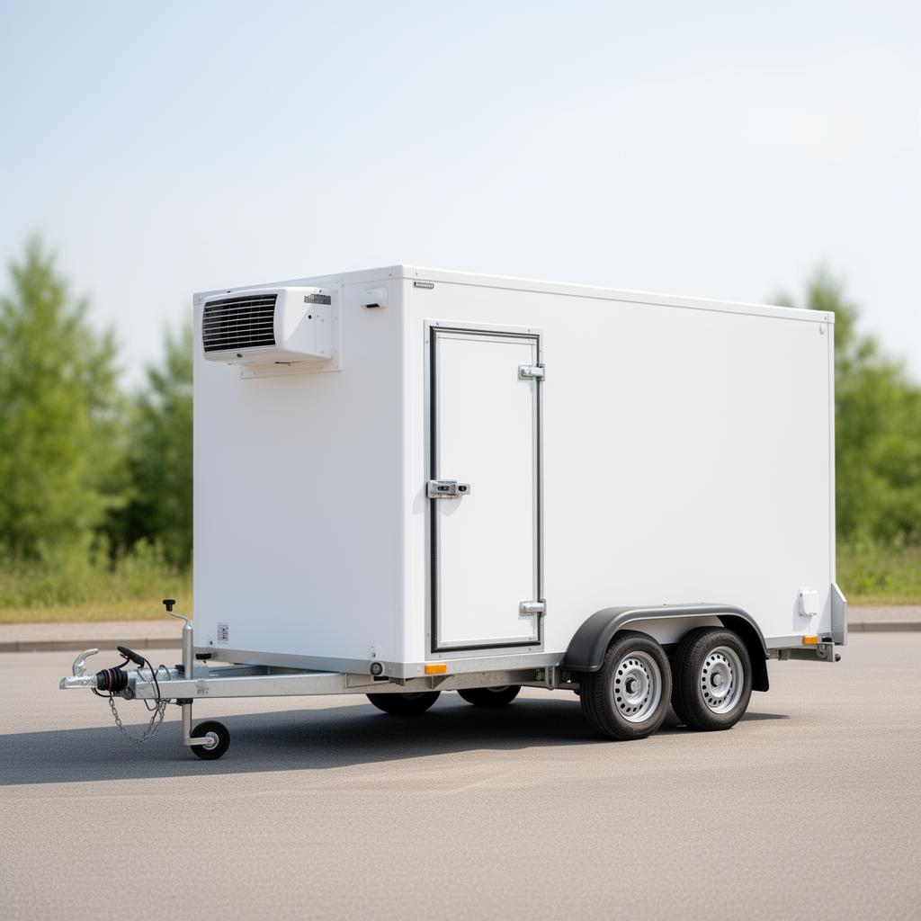 White mobile fridge trailer parked outdoors